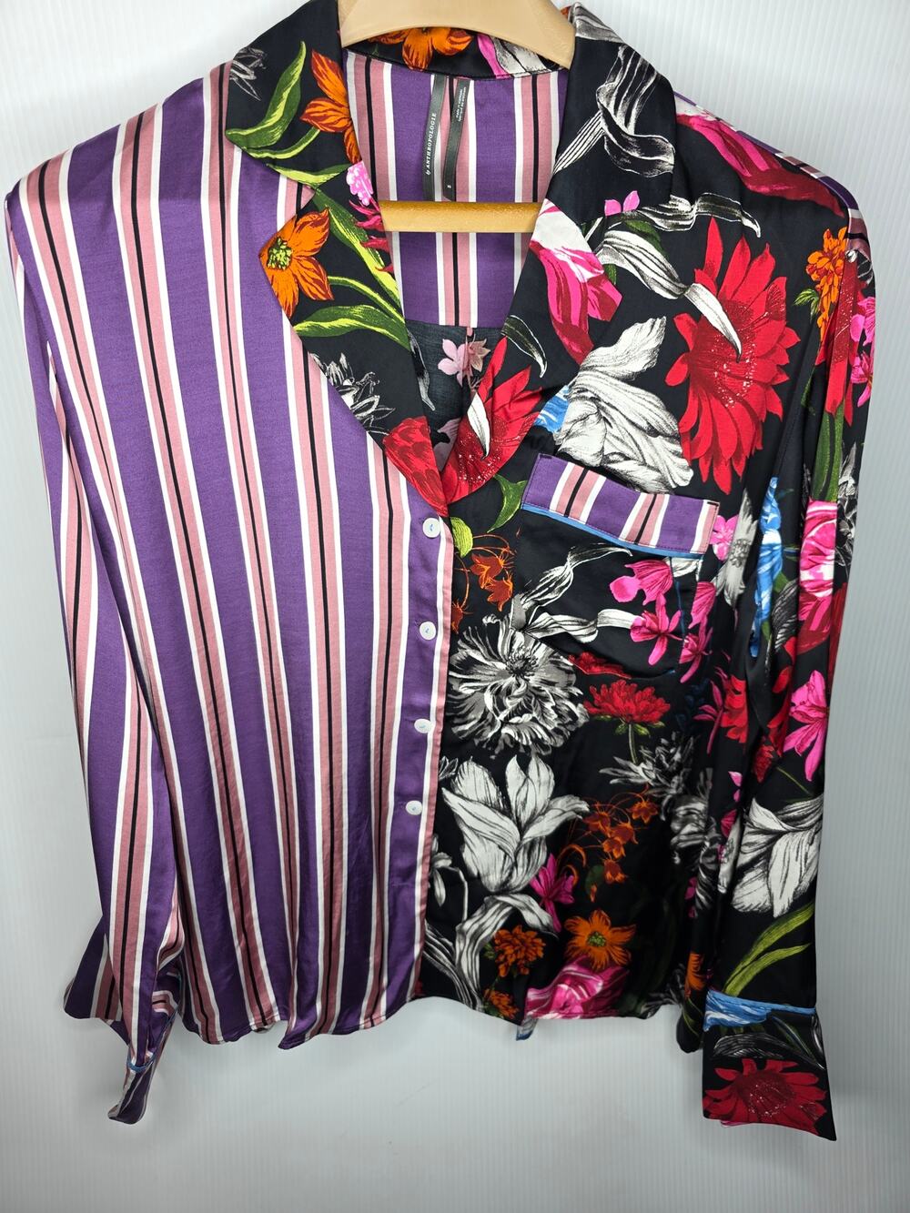 Anthropologie XS Floral Striped Mixed Print Pajama Style Button Down Shirt